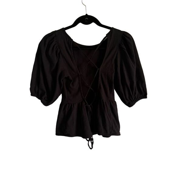 Urban Outfitters Black Rosaleen Strappy Tie Open Back Peplum Top SZ Small - Picture 3 of 9